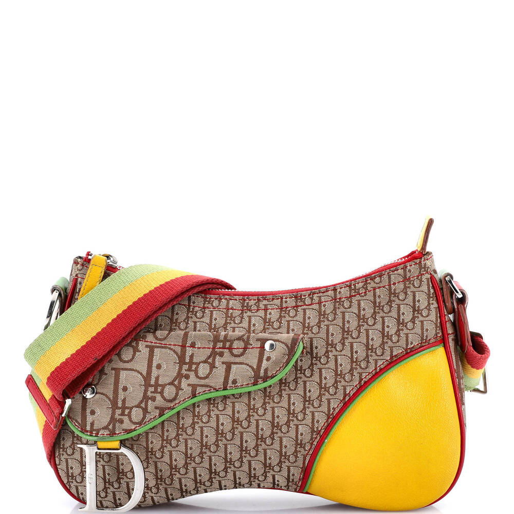 Christian Dior Medium Vintage Rasta Saddle Messenger Bag Diorissimo Canvas